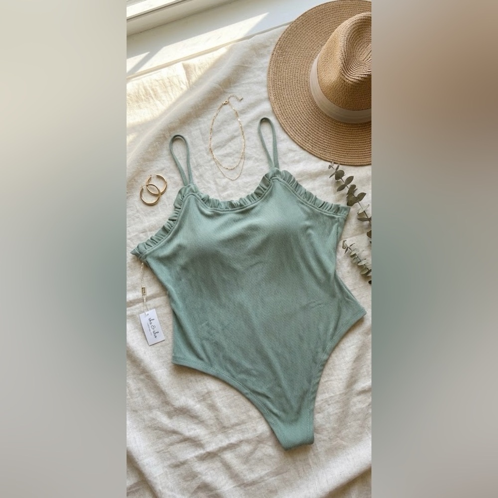 Elegant Sage Green Ruffled Bodysuit
